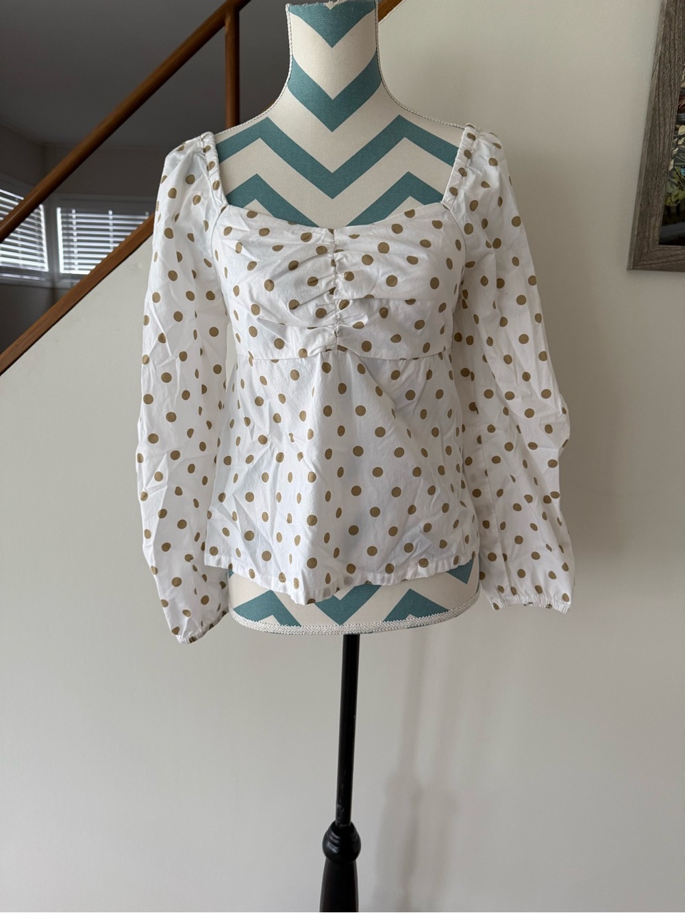 J. Crew White Blouse with Gold Polka Dots - Square Neck Puff Sleeve Top